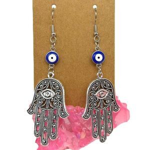 Hamsa Hand Evil Eye Earrings Dangle Drop Long Statement Silver Plated Pierced